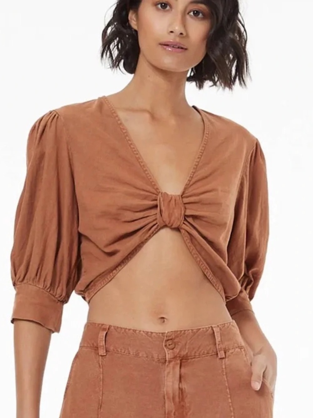 YFB Tie-Front Puff Sleeve Blouse in Rust Brown Size M